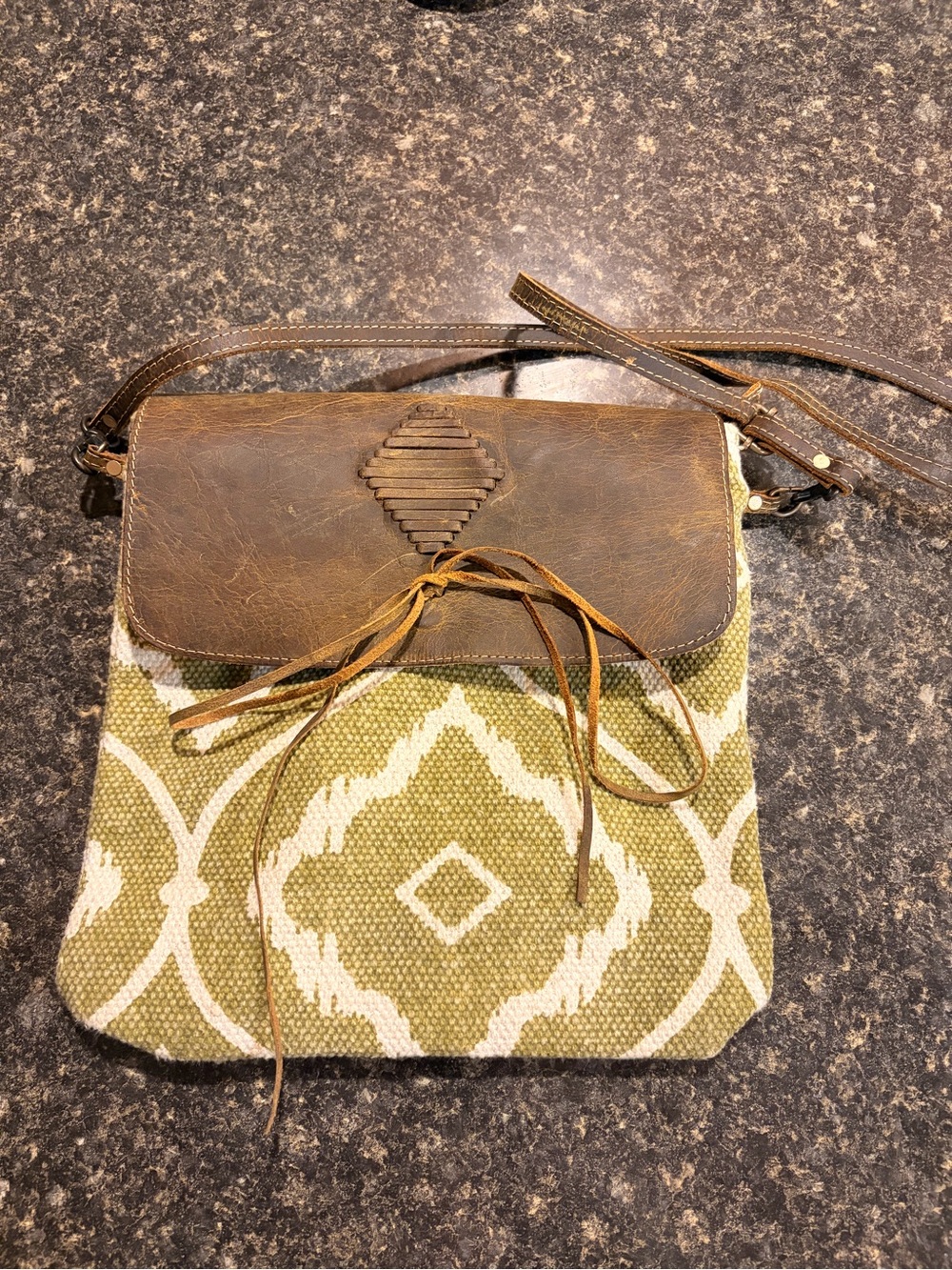 Myra Bag Olive Green Patterned Shoulder Crossbody with Brown Leather Flap